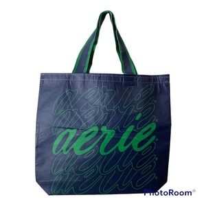 Aerie Tote Bag Navy Blue and Green Classic Aerie Logo Repeat Background